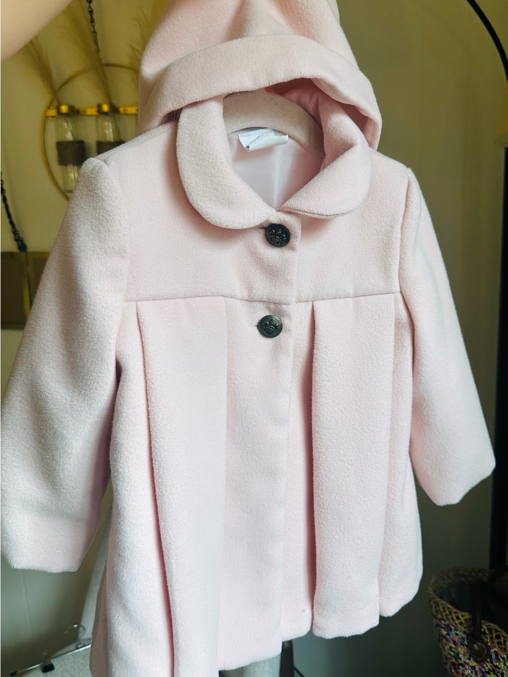 Girls' Hooded Pink Pea Coat with Pleat Front